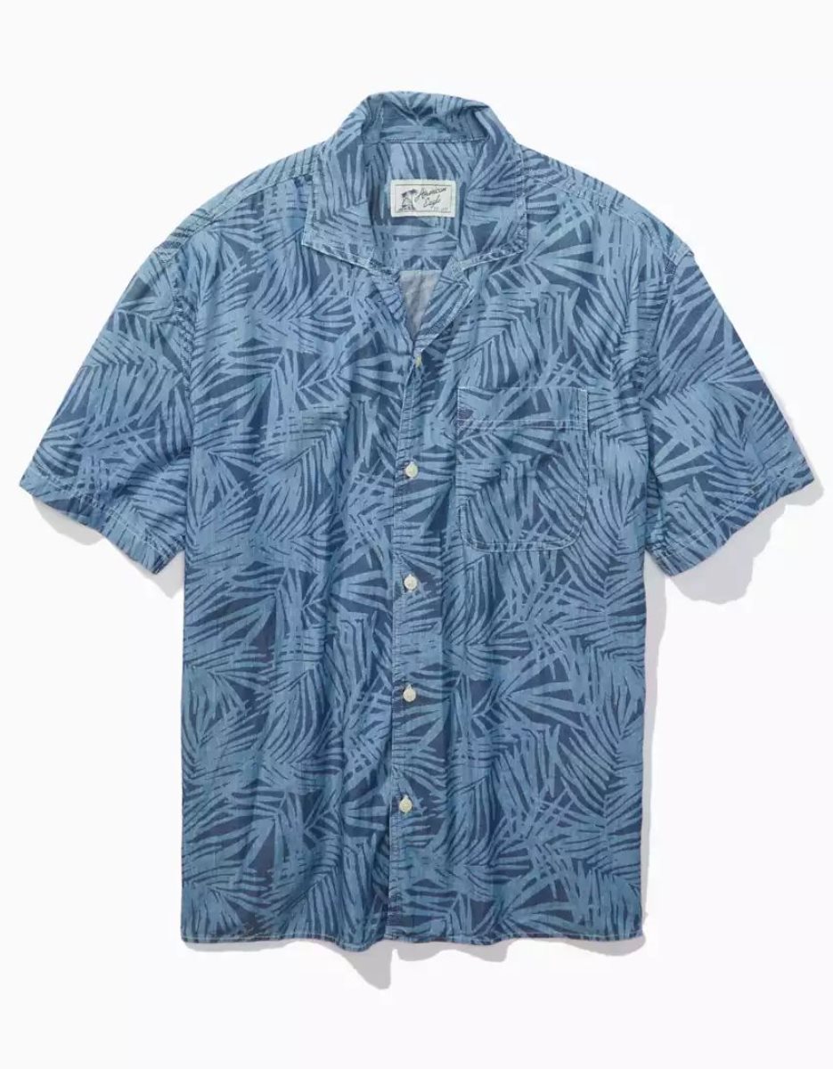 Hauts Flanelle American Eagle AE Tropical Button-Up Poolside Shirt Bleu Homme | JLN-18234679